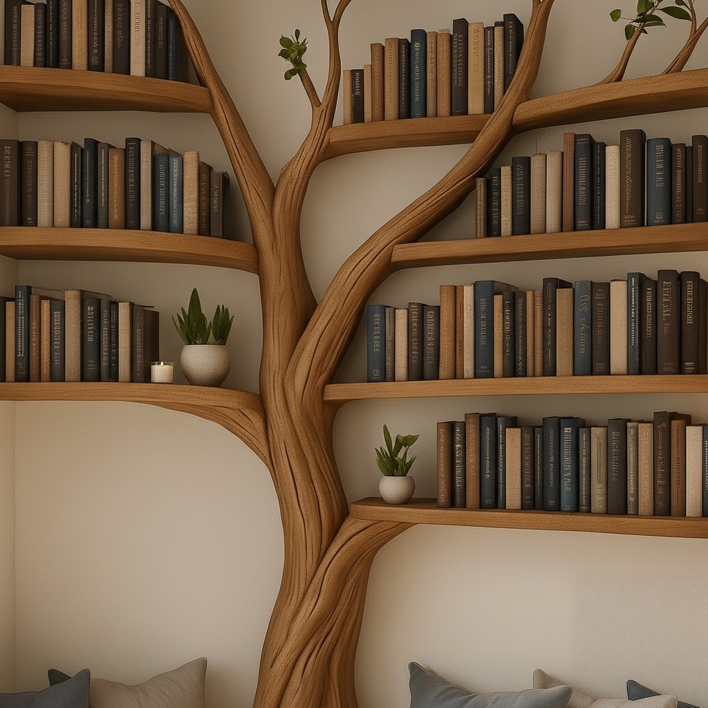 Solid Wood Tree-Branch Bookshelf Organic Live-Edge Wall Display for Home Library