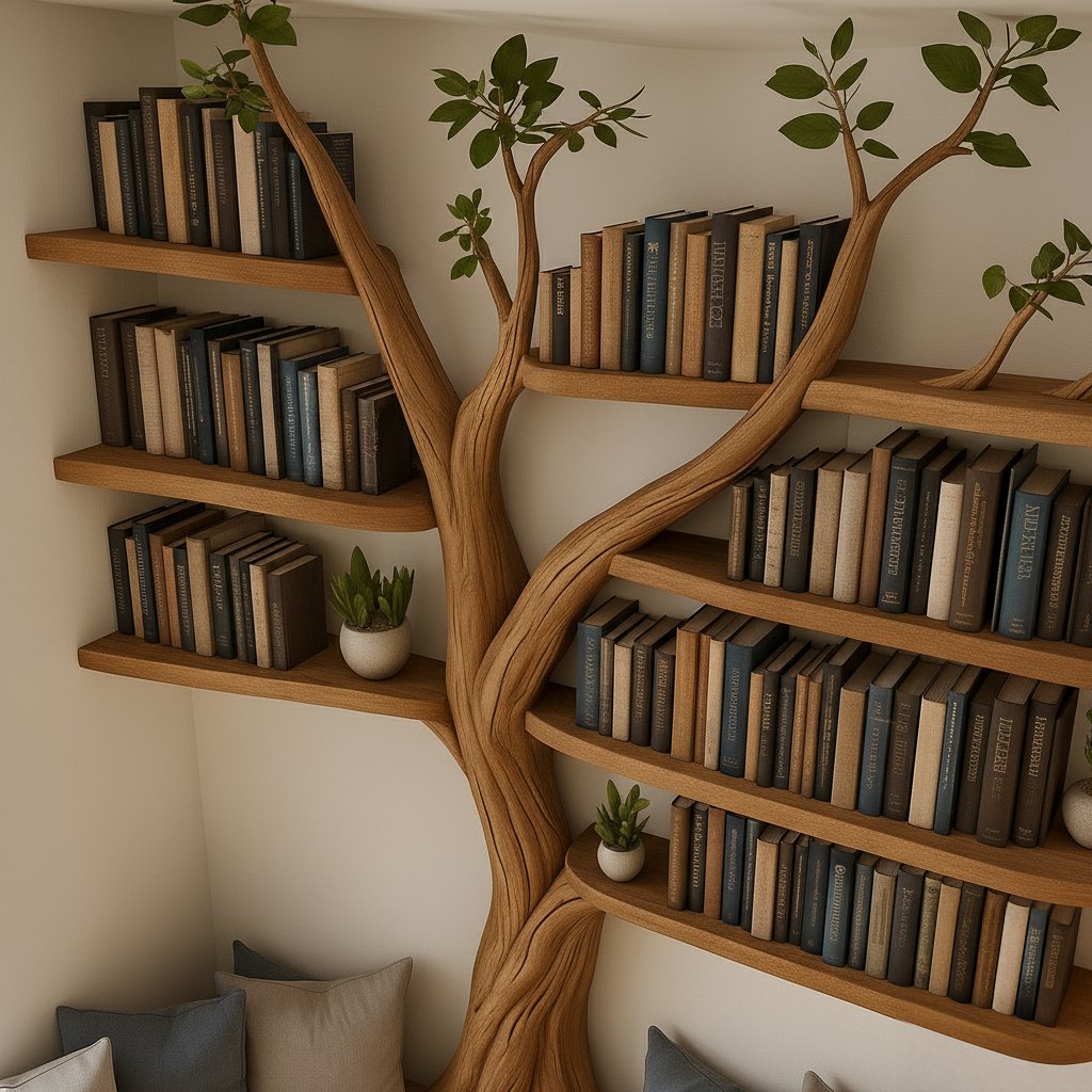 Solid Wood Tree-Branch Bookshelf Organic Live-Edge Wall Display for Home Library