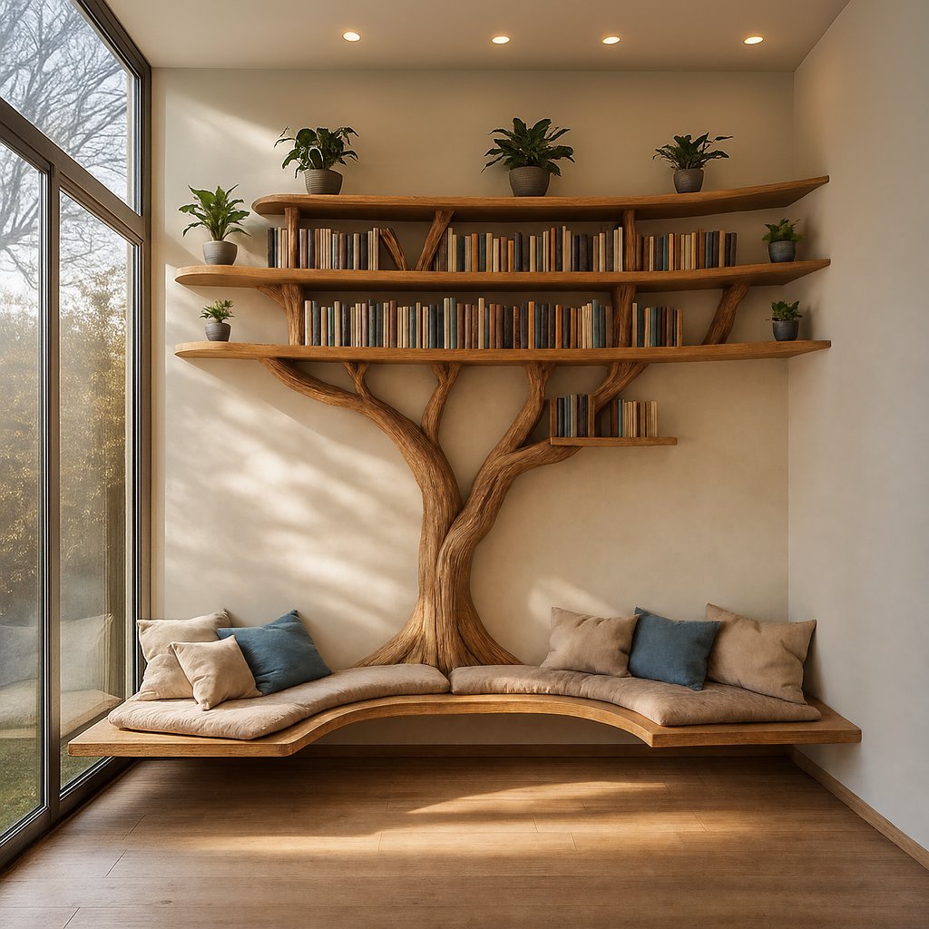 Solid Wood Tree-Branch Bookshelf Arched Live-Edge Reading Nook for Living Room