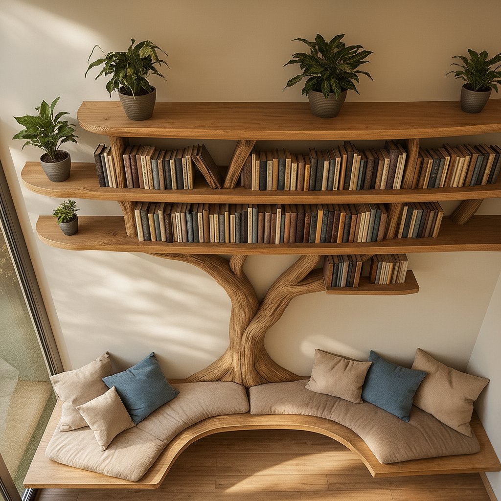 Solid Wood Tree-Branch Bookshelf Arched Live-Edge Reading Nook for Living Room