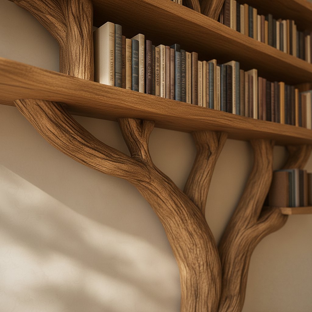 Solid Wood Tree-Branch Bookshelf Arched Live-Edge Reading Nook for Living Room