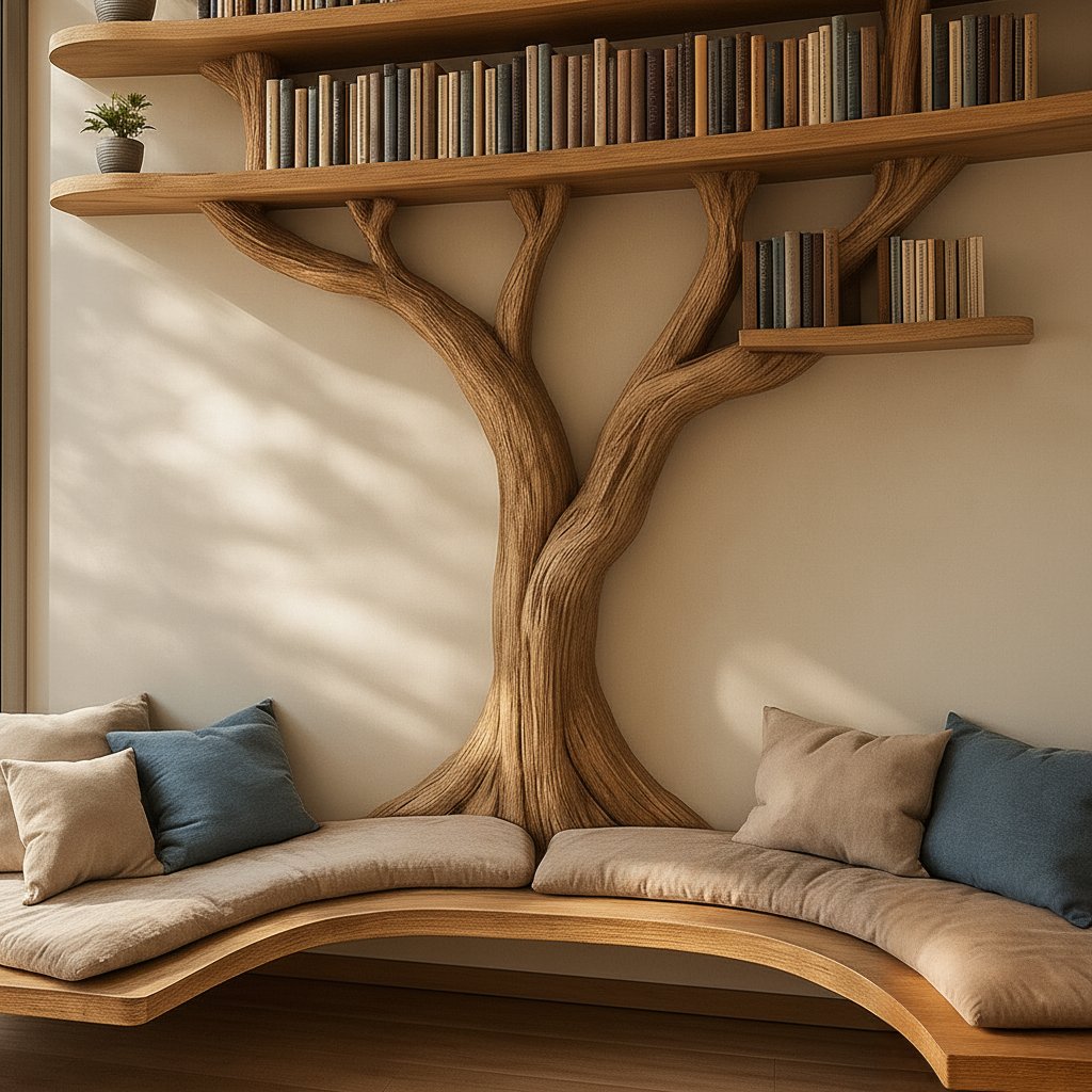 Solid Wood Tree-Branch Bookshelf Arched Live-Edge Reading Nook for Living Room
