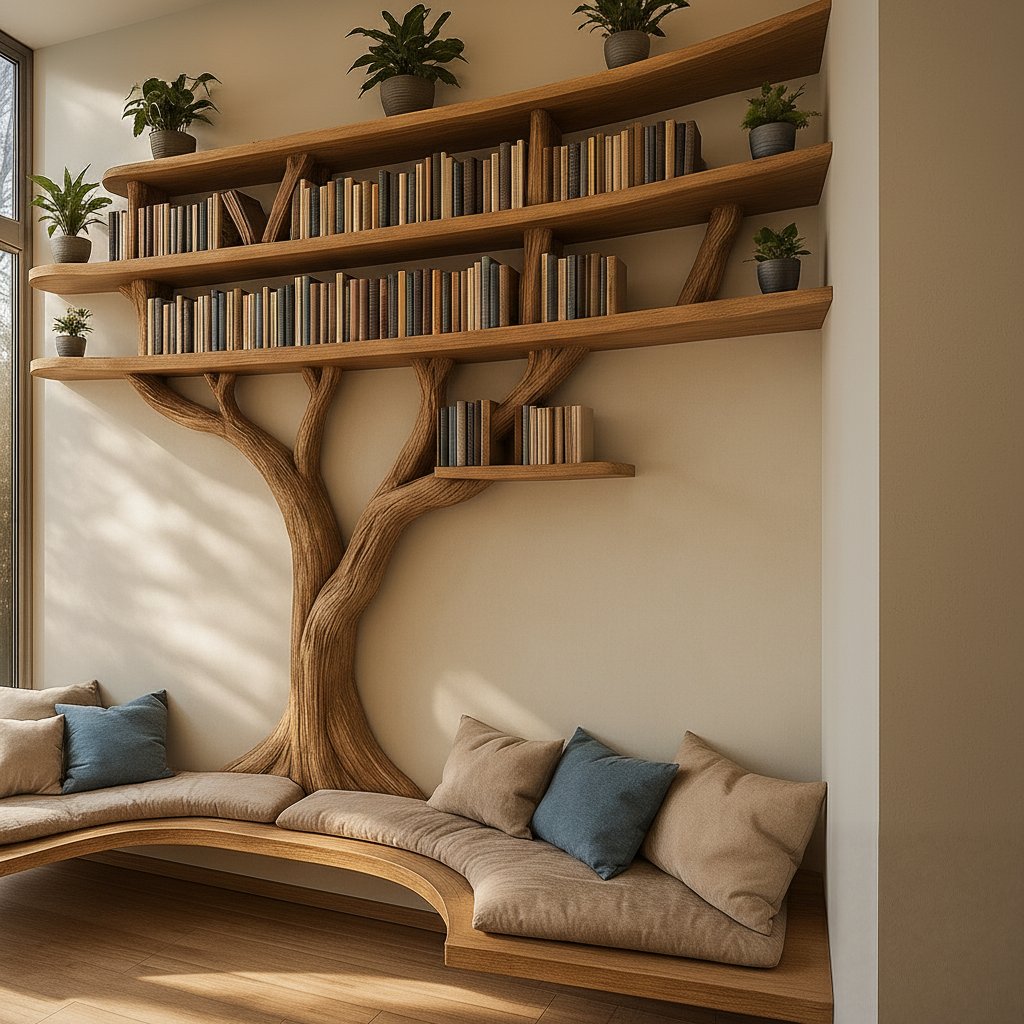 Solid Wood Tree-Branch Bookshelf Arched Live-Edge Reading Nook for Living Room