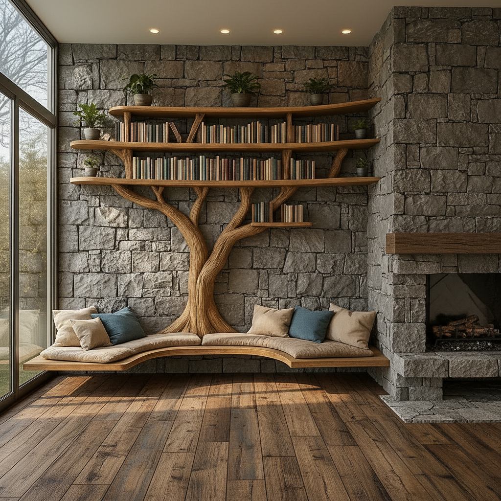 Solid Wood Tree-Branch Bookshelf Arched Live-Edge Reading Nook for Living Room
