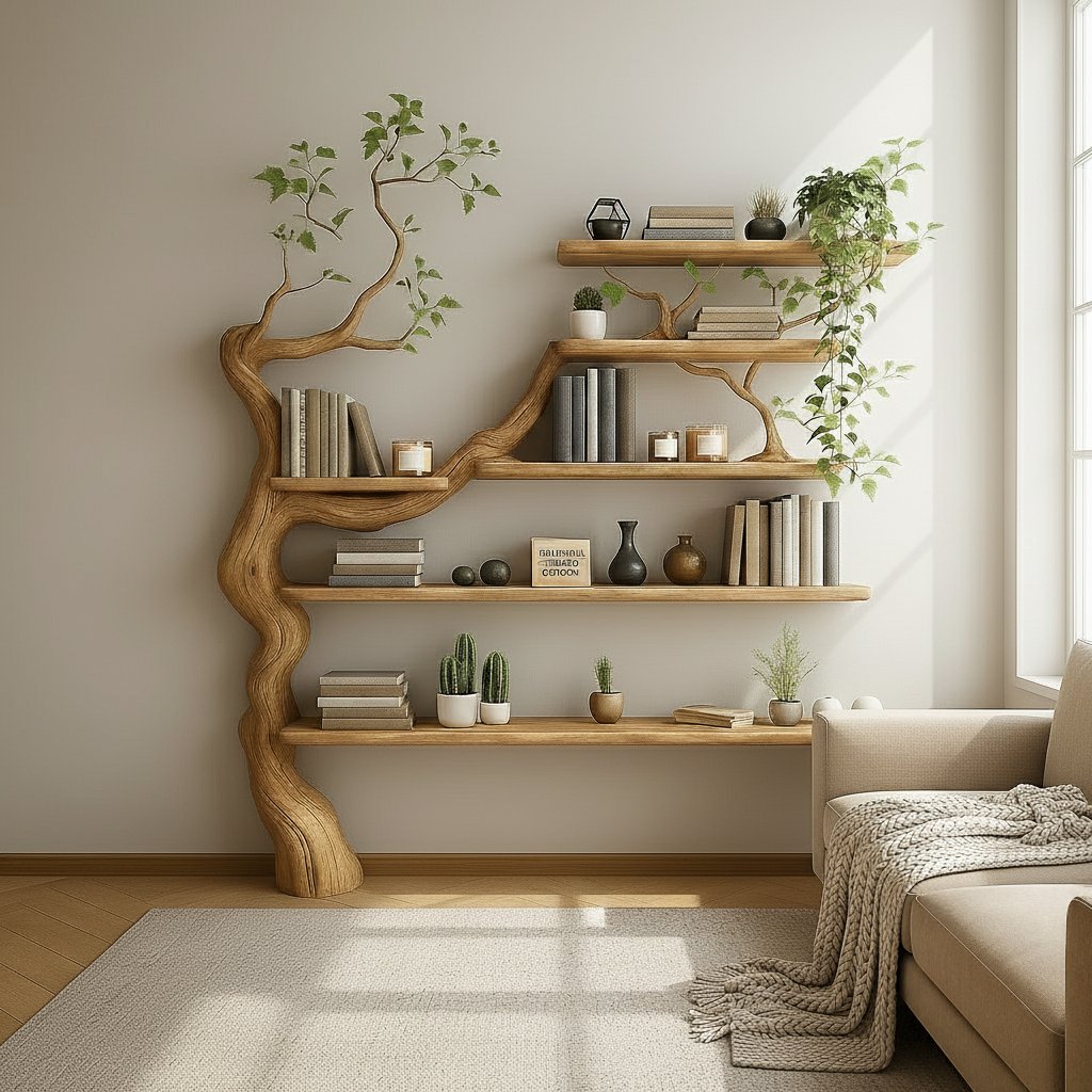 Solid Wood Tree-Branch Wall Shelf Tiered Live-Edge Display for Living Room Wall