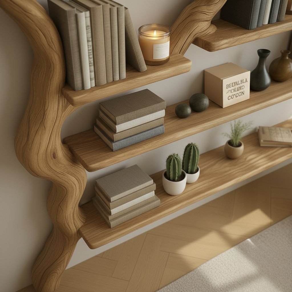 Solid Wood Tree-Branch Wall Shelf Tiered Live-Edge Display for Living Room Wall
