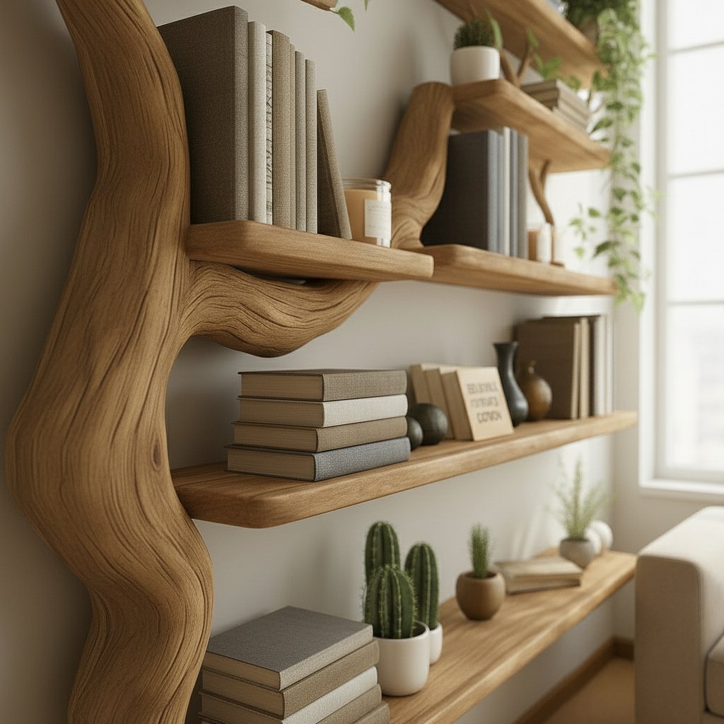 Solid Wood Tree-Branch Wall Shelf Tiered Live-Edge Display for Living Room Wall