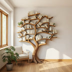 Solid Wood Tree-Branch Bookshelf Sculptural Live-Edge Library Wall for Reading Room