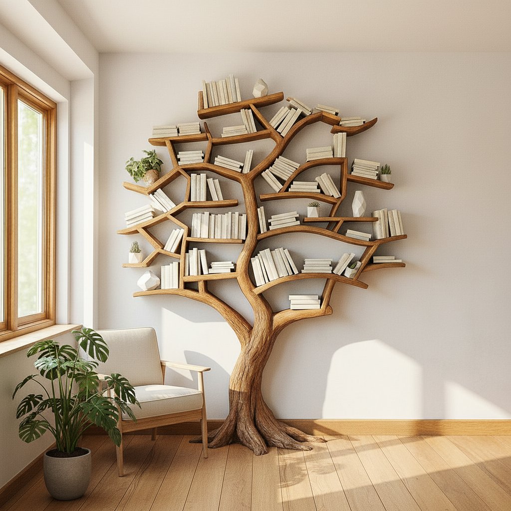 Solid Wood Tree-Branch Bookshelf Sculptural Live-Edge Library Wall for Reading Room