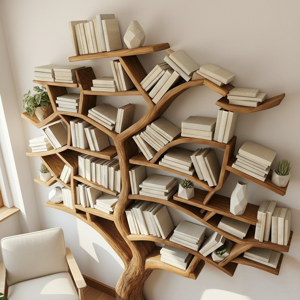 Solid Wood Tree-Branch Bookshelf Sculptural Live-Edge Library Wall for Reading Room