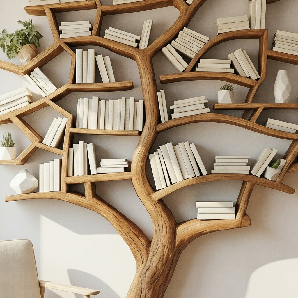 Solid Wood Tree-Branch Bookshelf Sculptural Live-Edge Library Wall for Reading Room
