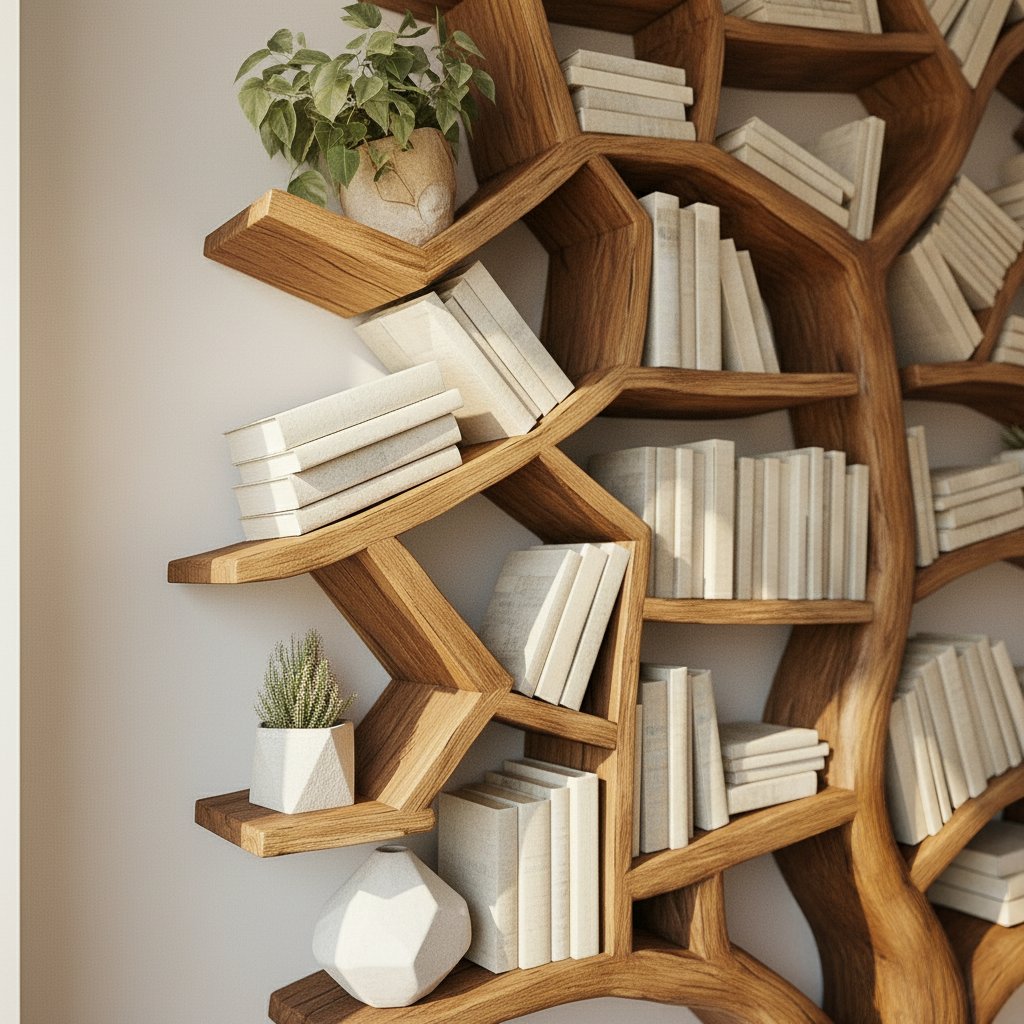 Solid Wood Tree-Branch Bookshelf Sculptural Live-Edge Library Wall for Reading Room