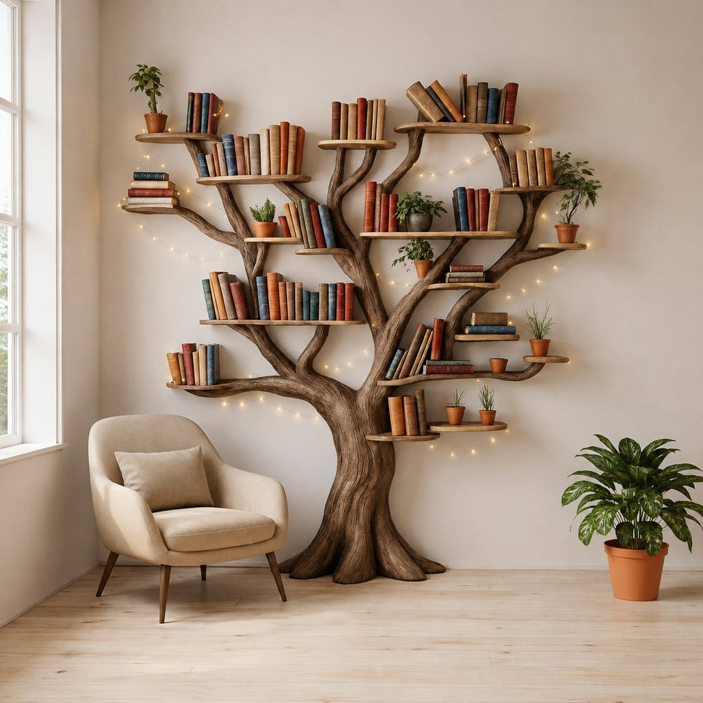 Solid Wood Tree-Branch Bookshelf Full Canopy Live-Edge Wall Art for Home Library