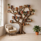 Solid Wood Tree-Branch Bookshelf Full Canopy Live-Edge Wall Art for Home Library