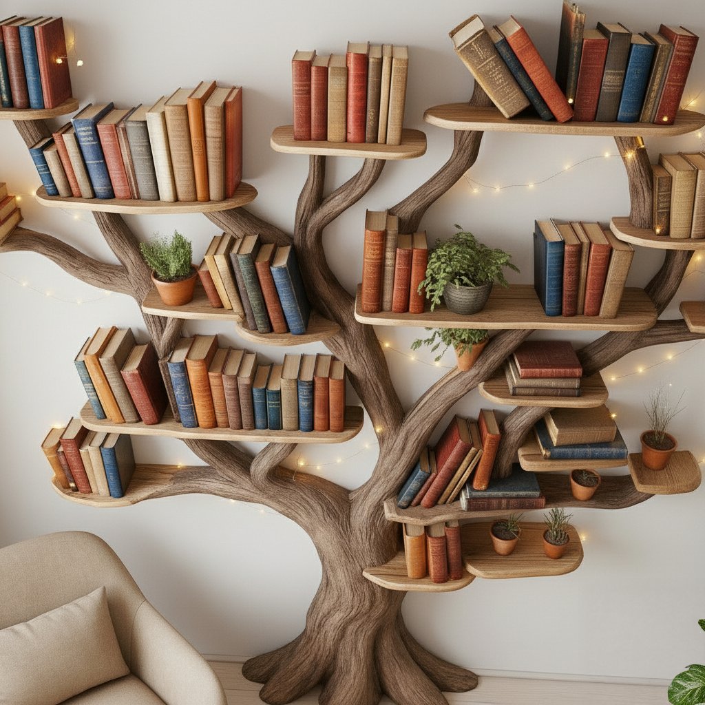 Solid Wood Tree-Branch Bookshelf Full Canopy Live-Edge Wall Art for Home Library