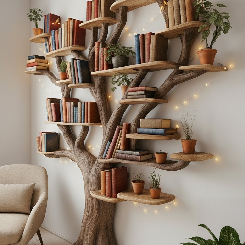 Solid Wood Tree-Branch Bookshelf Full Canopy Live-Edge Wall Art for Home Library
