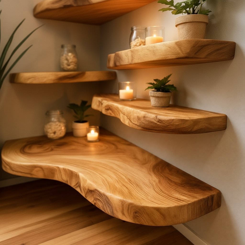 Solid Wood Tiered Corner Shelf Live-Edge Organic Ledges for Plant Display Nook