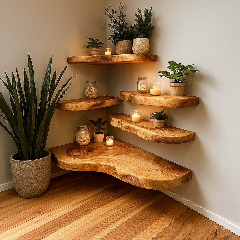 Solid Wood Tiered Corner Shelf Live-Edge Organic Ledges for Plant Display Nook