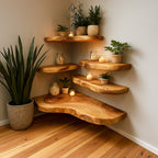Solid Wood Tiered Corner Shelf Live-Edge Organic Ledges for Plant Display Nook