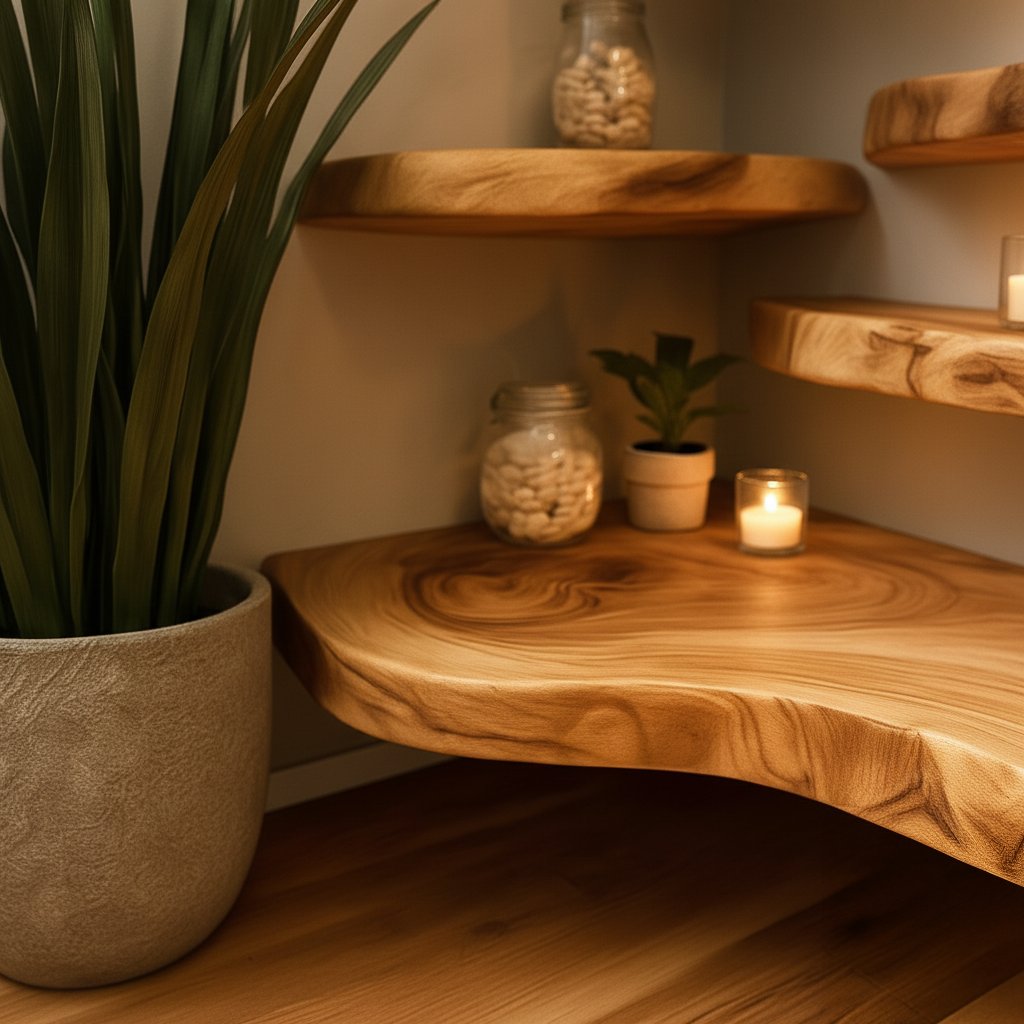 Solid Wood Tiered Corner Shelf Live-Edge Organic Ledges for Plant Display Nook
