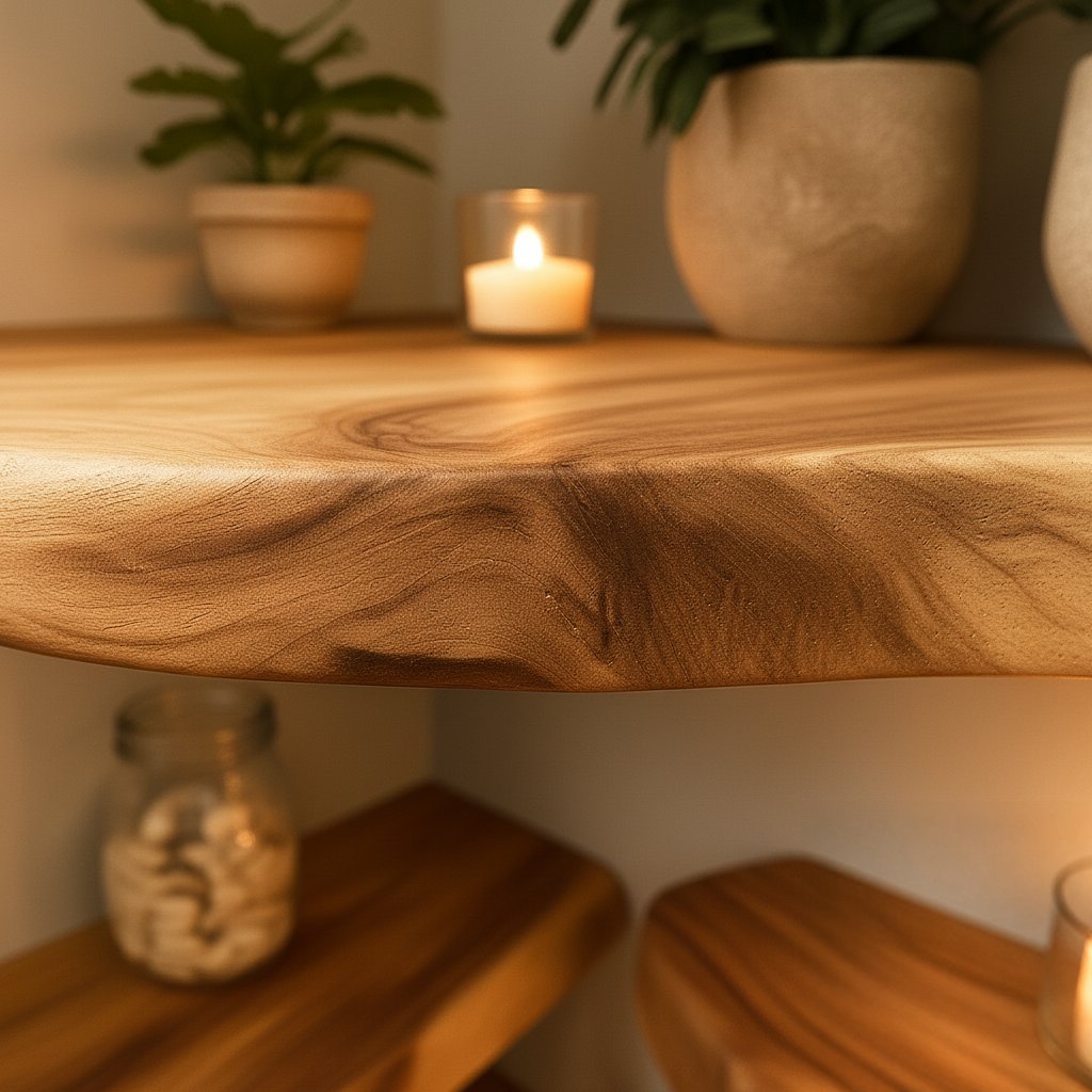 Solid Wood Tiered Corner Shelf Live-Edge Organic Ledges for Plant Display Nook