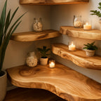 Solid Wood Tiered Corner Shelf Live-Edge Organic Ledges for Plant Display Nook