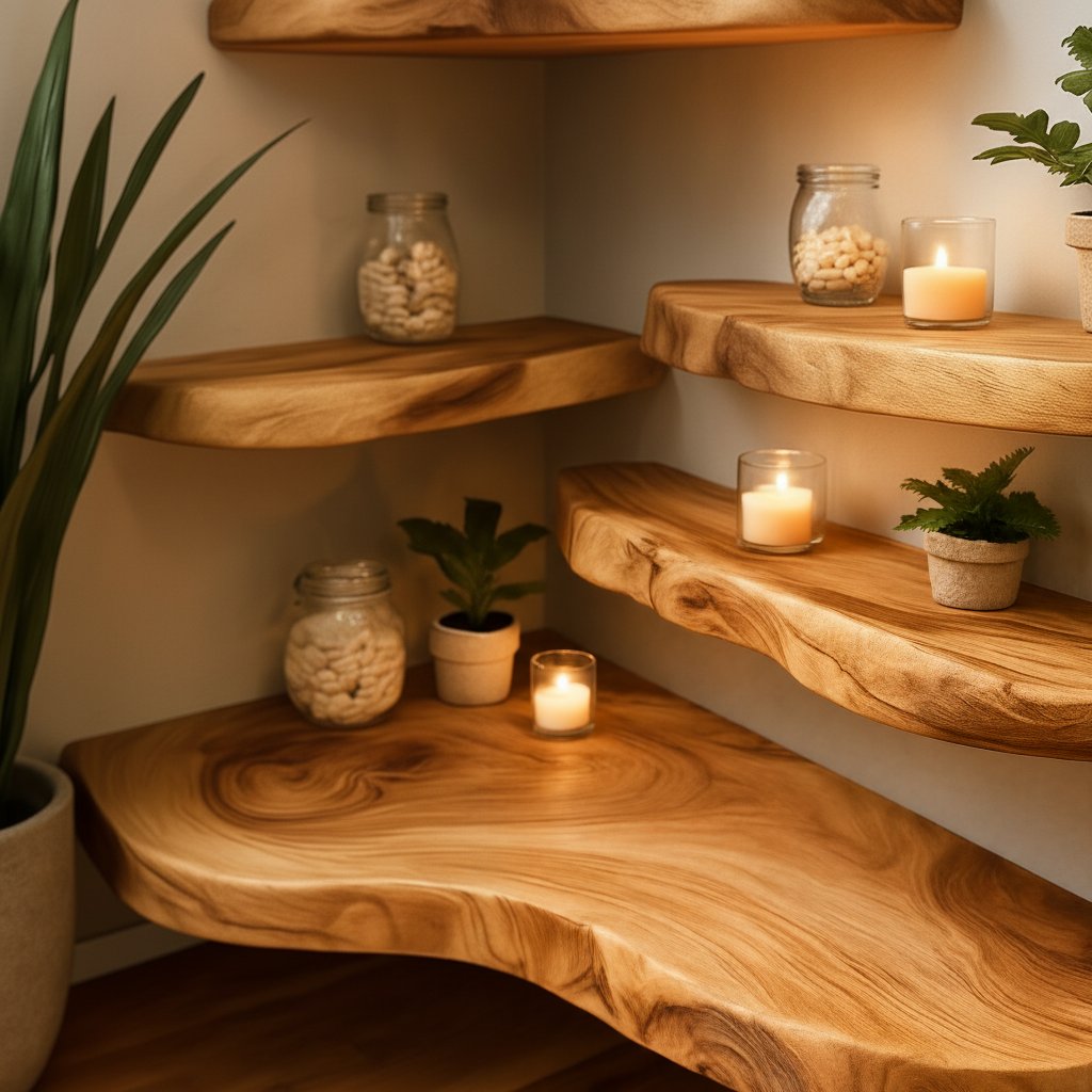 Solid Wood Tiered Corner Shelf Live-Edge Organic Ledges for Plant Display Nook