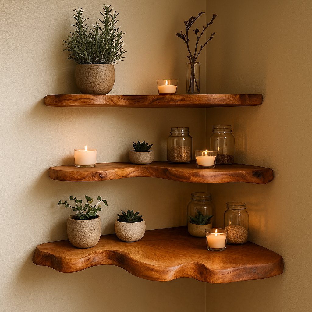 Solid Wood Live-Edge Floating Wall Shelf Wavy Organic Slab for Modern Living Room