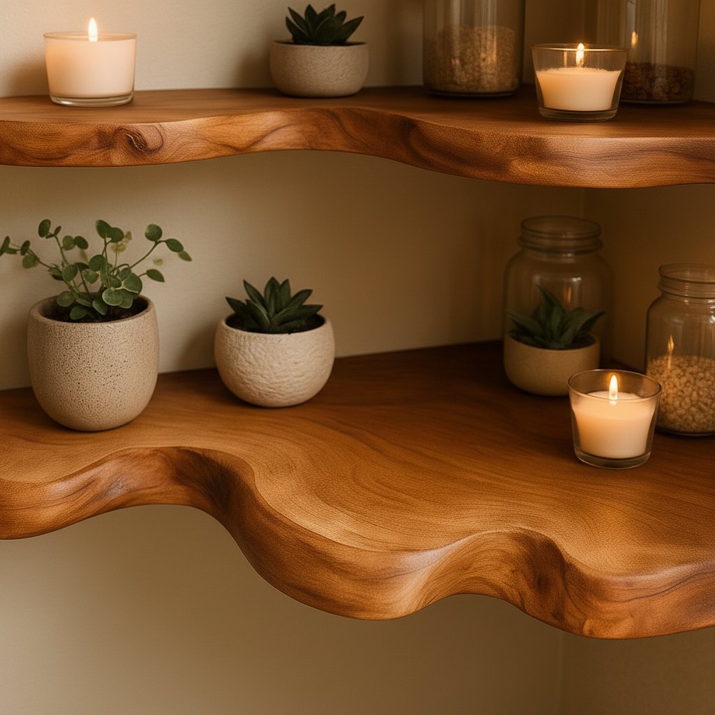 Solid Wood Live-Edge Floating Wall Shelf Wavy Organic Slab for Modern Living Room