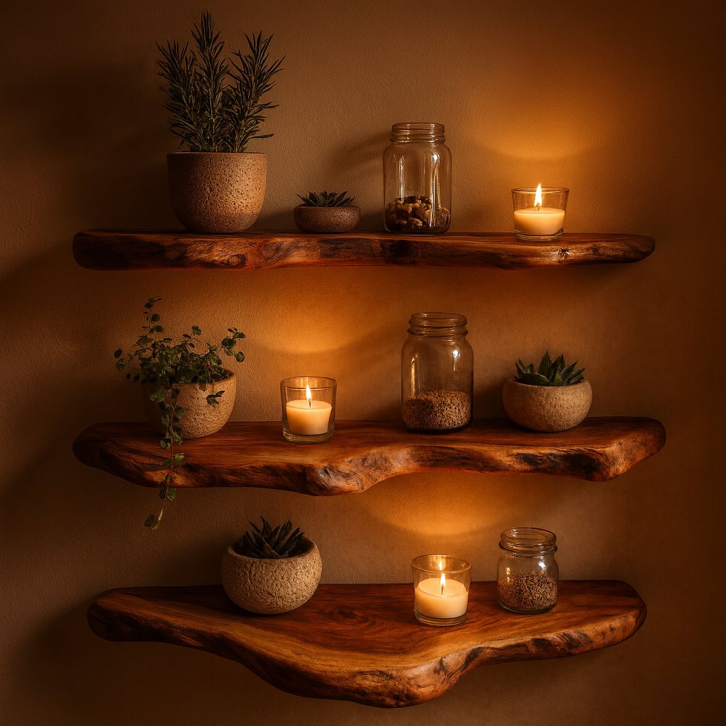 Solid Wood Live-Edge Floating Wall Shelf Sculptural Slab for Cozy Bedroom Corner