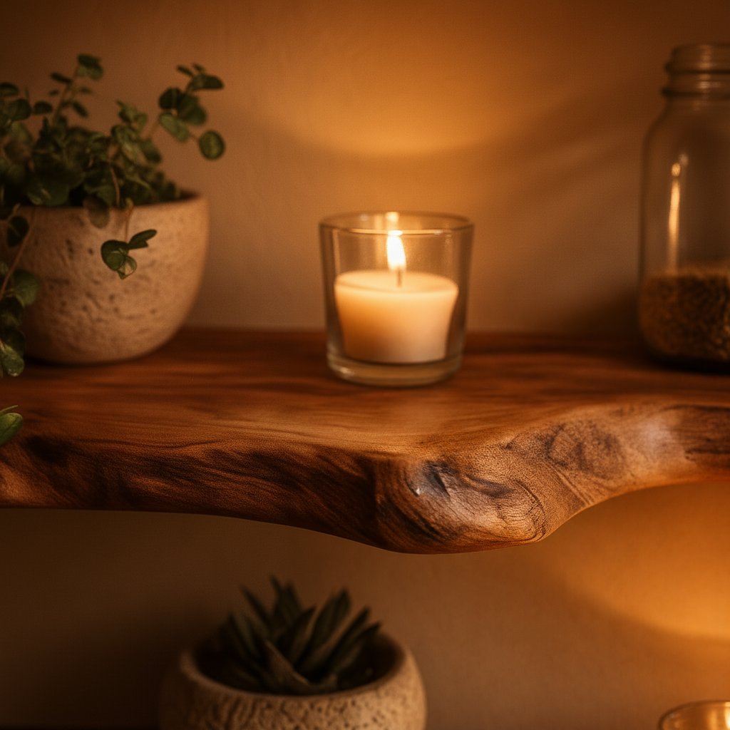 Solid Wood Live-Edge Floating Wall Shelf Sculptural Slab for Cozy Bedroom Corner