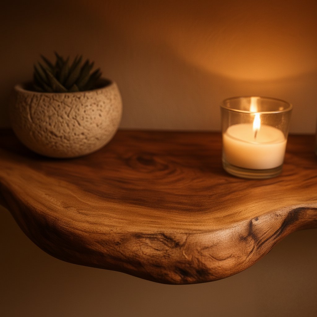 Solid Wood Live-Edge Floating Wall Shelf Sculptural Slab for Cozy Bedroom Corner