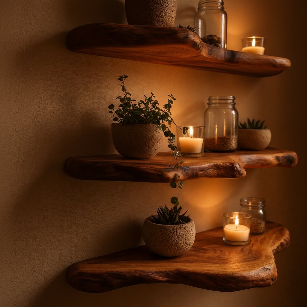 Solid Wood Live-Edge Floating Wall Shelf Sculptural Slab for Cozy Bedroom Corner