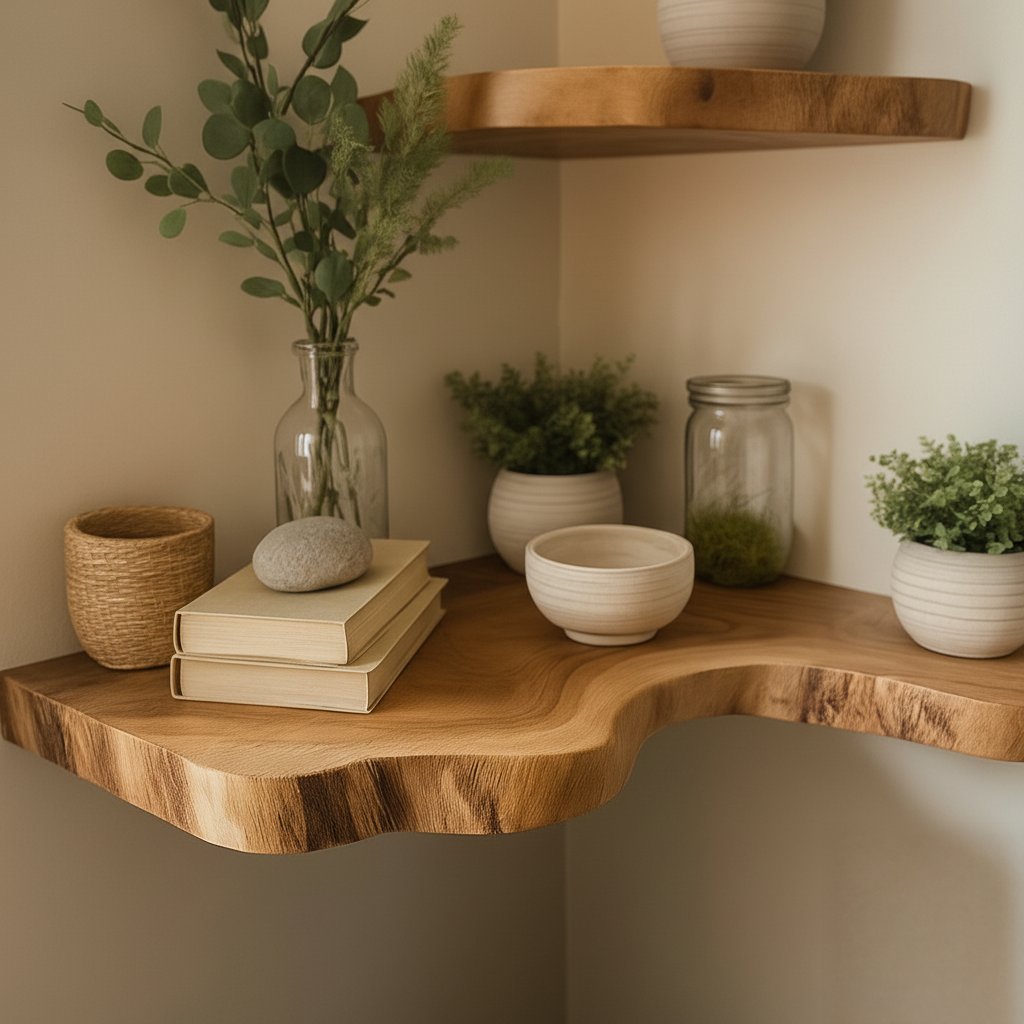 Solid Wood Live-Edge Corner Shelf Tiered Organic Slabs for Plant Display Living Room
