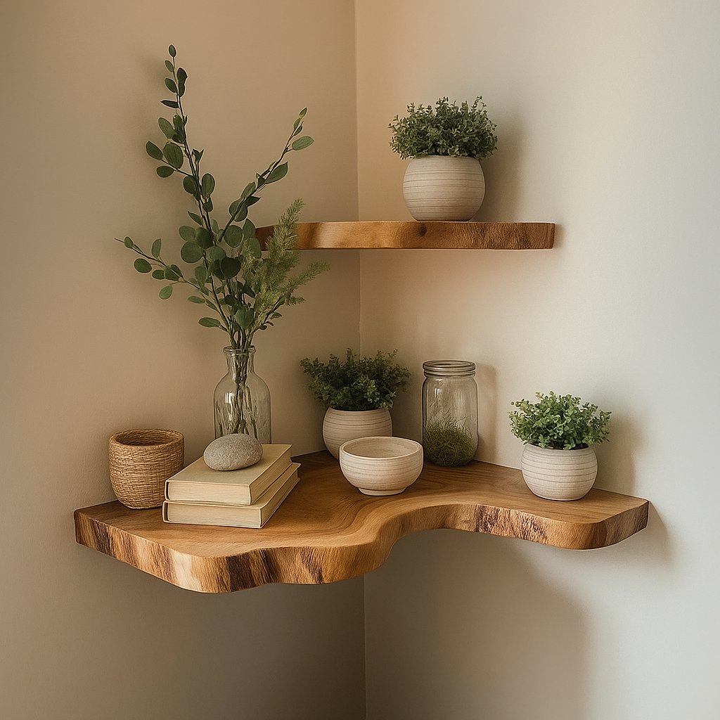 Solid Wood Live-Edge Corner Shelf Tiered Organic Slabs for Plant Display Living Room