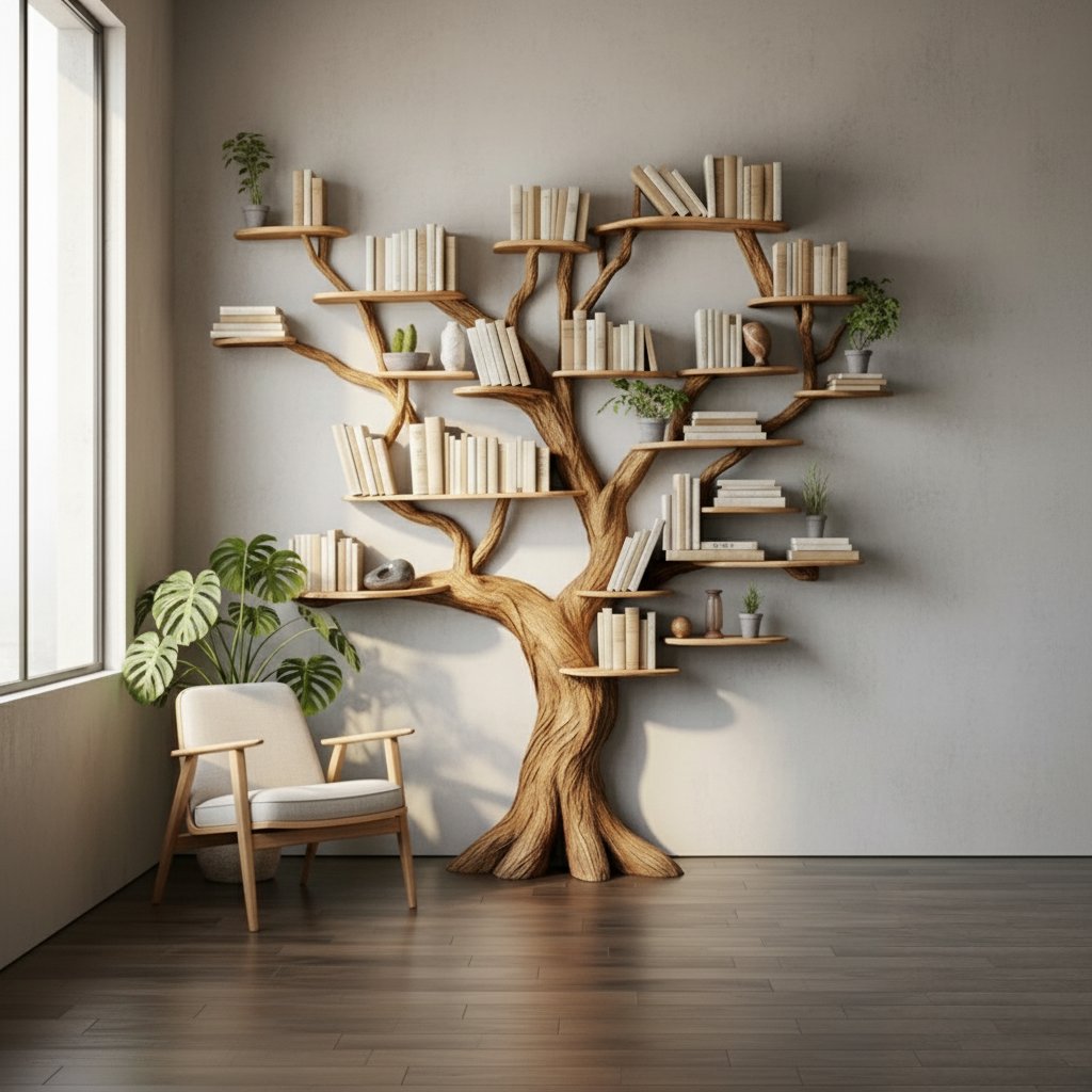 Solid Wood Tree-Branch Bookshelf Sculptural Live-Edge Wall Library for Living Room