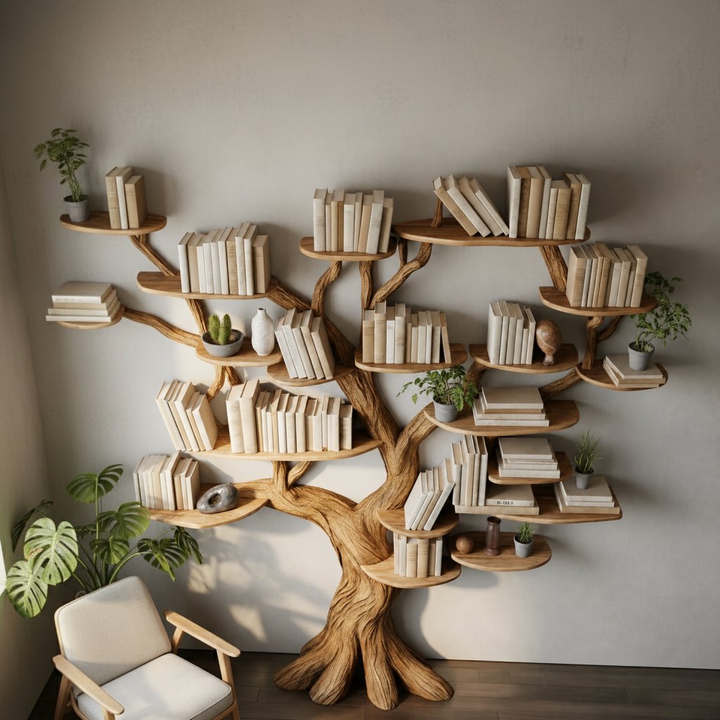 Solid Wood Tree-Branch Bookshelf Sculptural Live-Edge Wall Library for Living Room