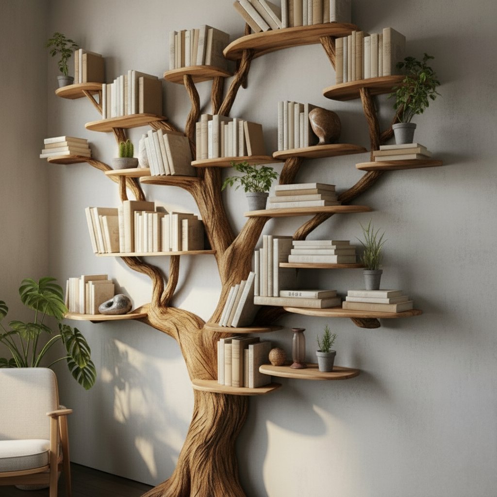 Solid Wood Tree-Branch Bookshelf Sculptural Live-Edge Wall Library for Living Room