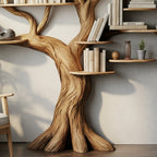 Solid Wood Tree-Branch Bookshelf Sculptural Live-Edge Wall Library for Living Room