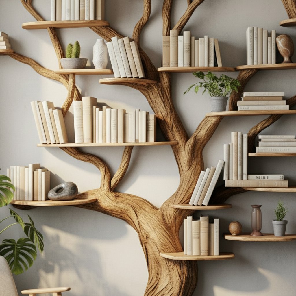 Solid Wood Tree-Branch Bookshelf Sculptural Live-Edge Wall Library for Living Room