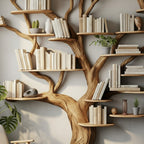 Solid Wood Tree-Branch Bookshelf Sculptural Live-Edge Wall Library for Living Room