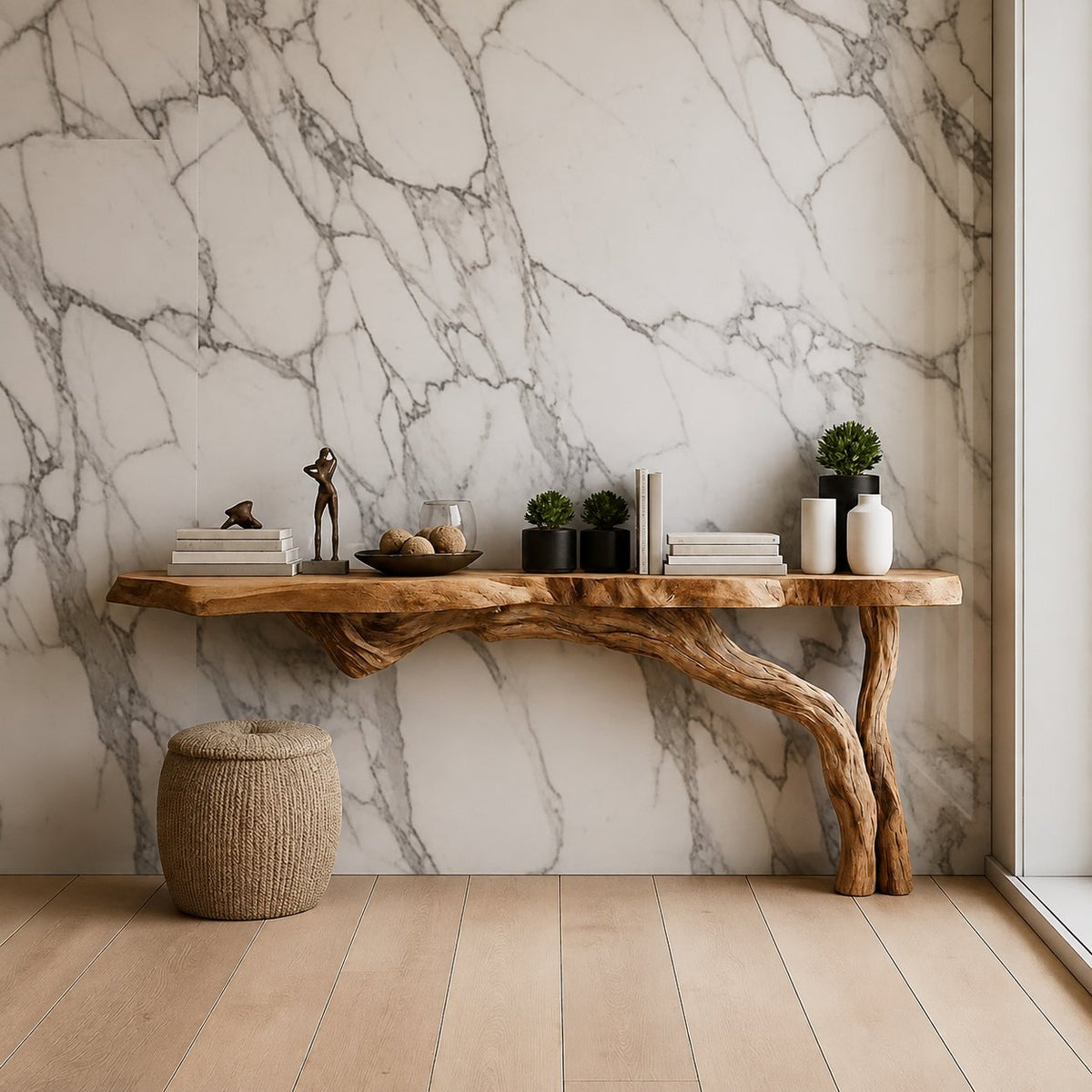 Solid Wood Live-Edge Console Table with Natural Bark Edge for Living Room