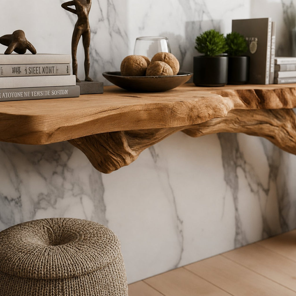 Solid Wood Live-Edge Console Table with Natural Bark Edge for Living Room