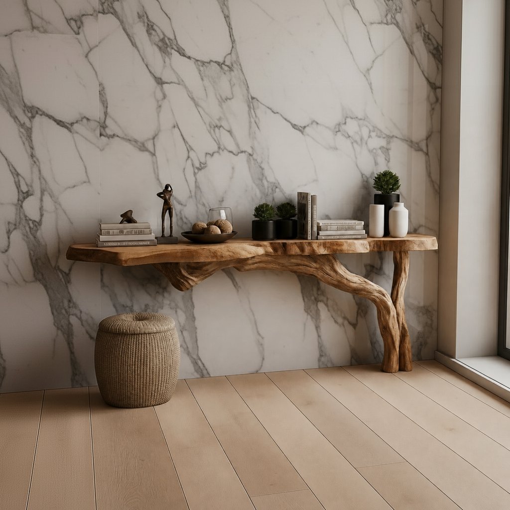 Solid Wood Live-Edge Console Table with Natural Bark Edge for Living Room
