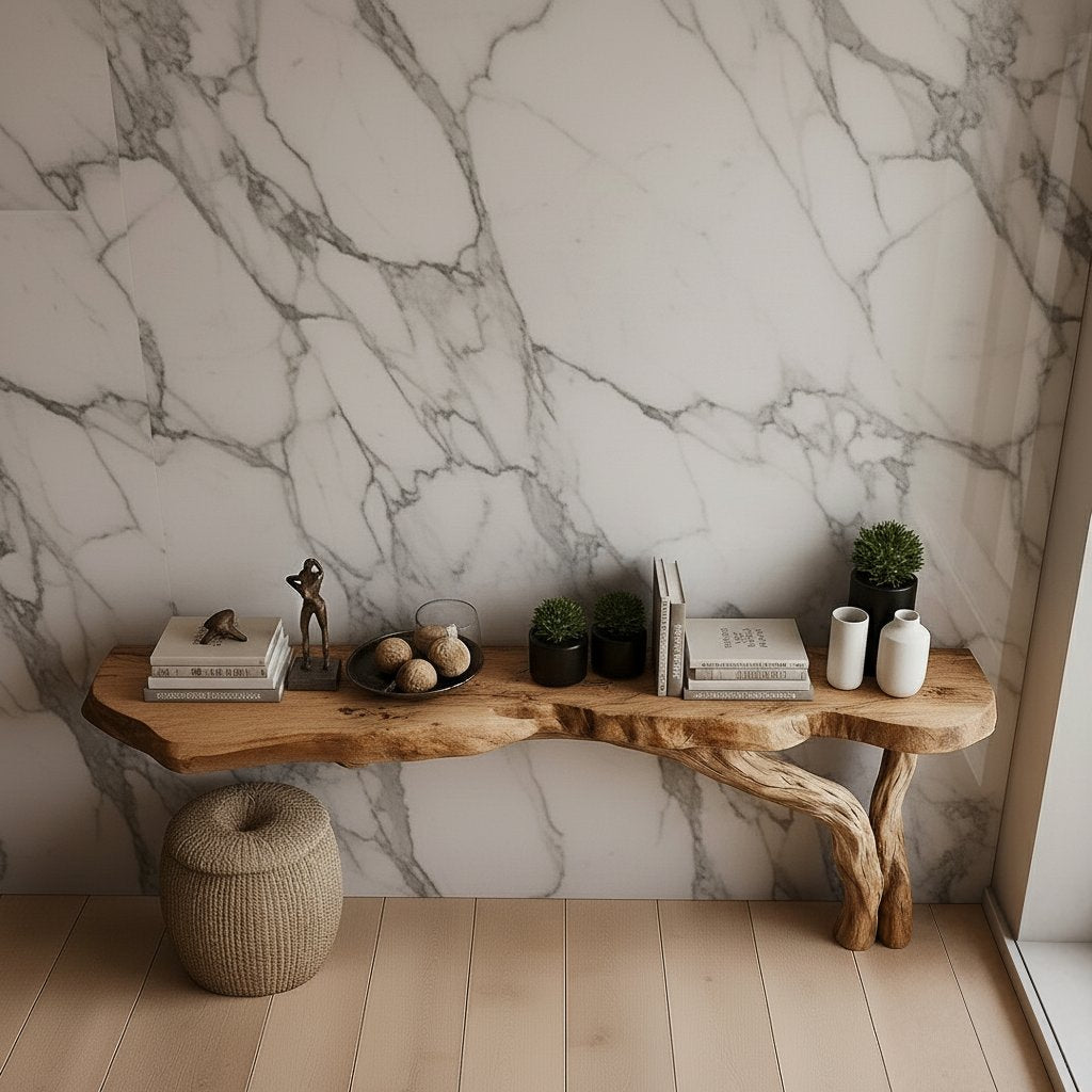 Solid Wood Live-Edge Console Table with Natural Bark Edge for Living Room