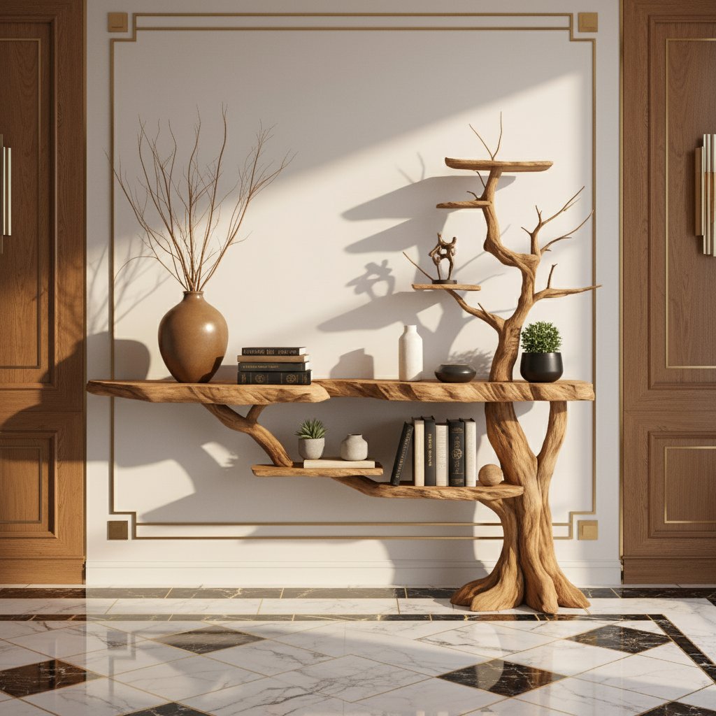 Solid Wood Live-Edge Console Table on Sculptural Root Base for Entryway