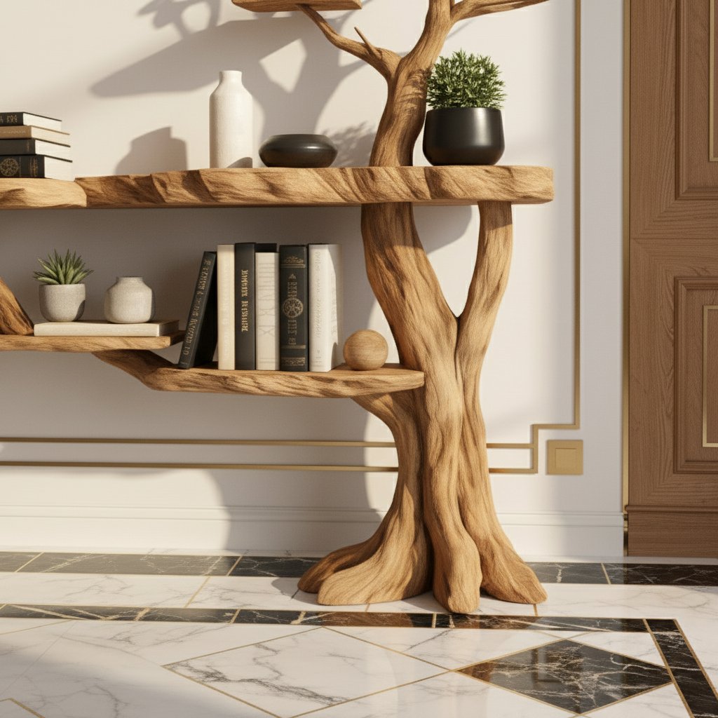 Solid Wood Live-Edge Console Table on Sculptural Root Base for Entryway