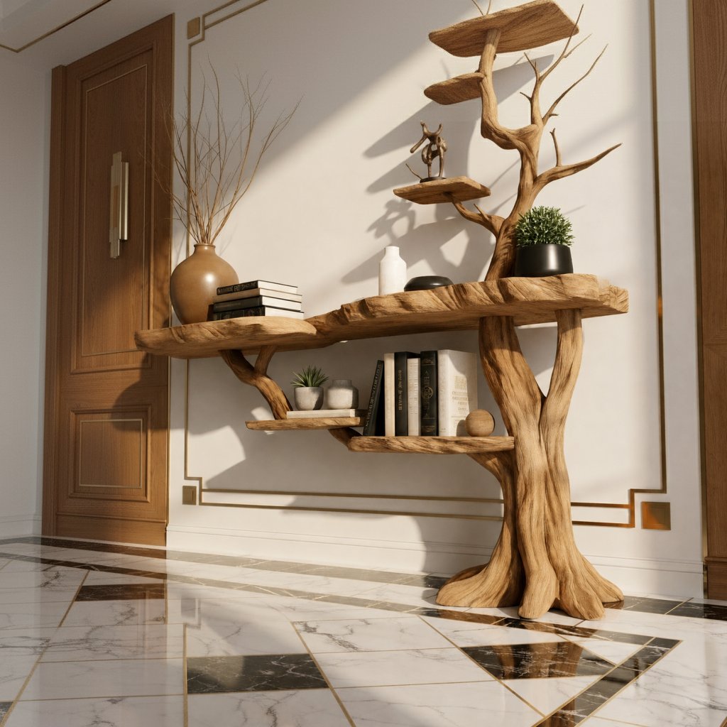 Solid Wood Live-Edge Console Table on Sculptural Root Base for Entryway