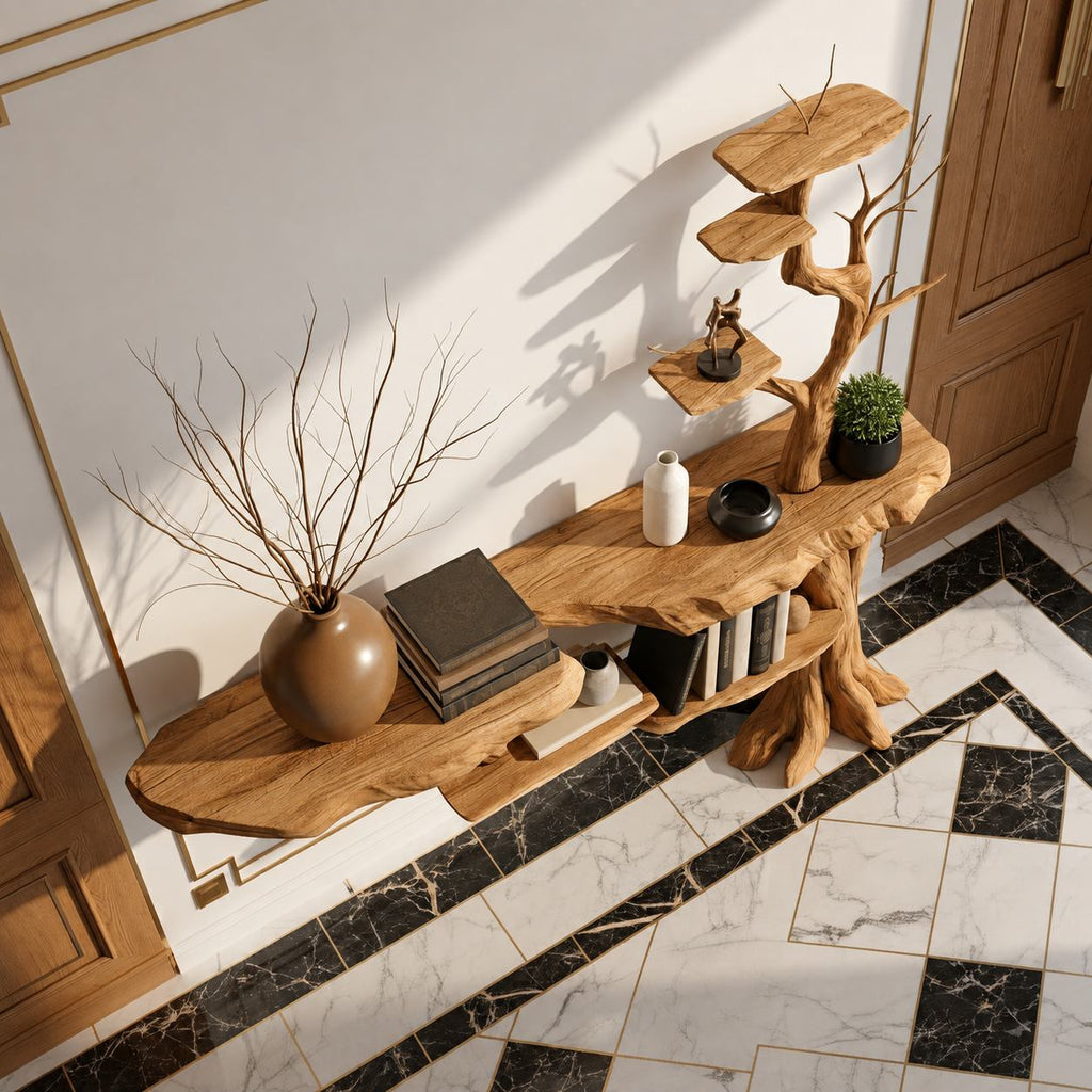 Solid Wood Live-Edge Console Table on Sculptural Root Base for Entryway
