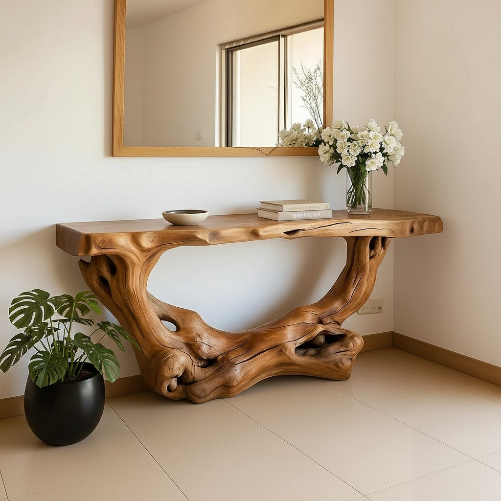 Solid Wood Sculptural Root Console Table Organic Live-Edge for Entryway